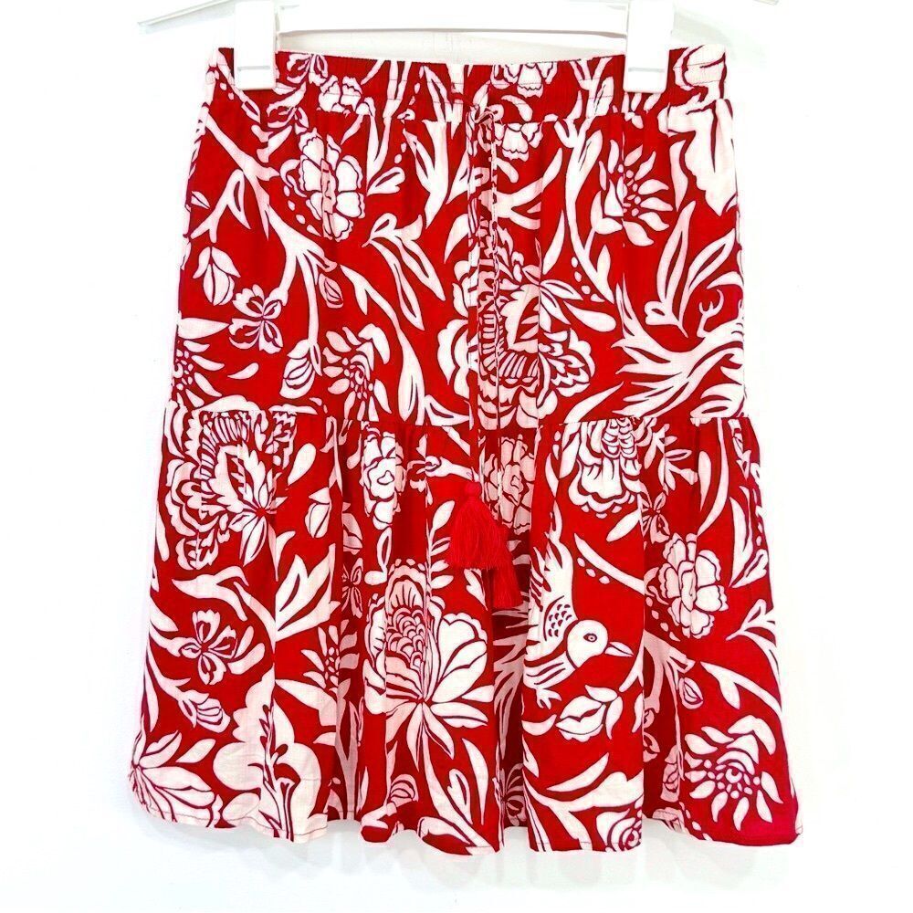 Knox Rose Red White Floral Bird Print Tassel Drawstring Tiered A Line Skirt